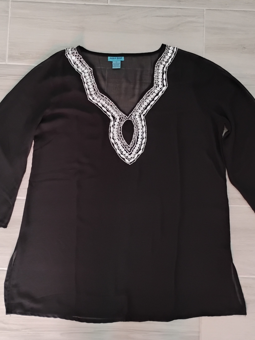 Aqua Blue Embroidered Embellished Black V-Neck Kaftan Swim Cover-Up Sz XL - Picture 3 of 5